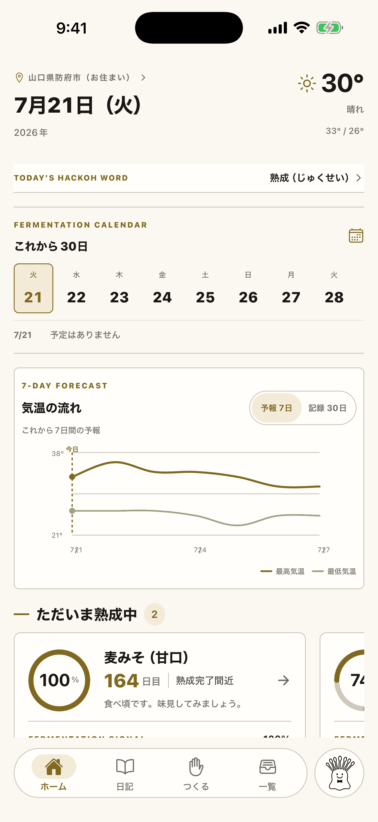 The Hackoh app's fermentation management home screen