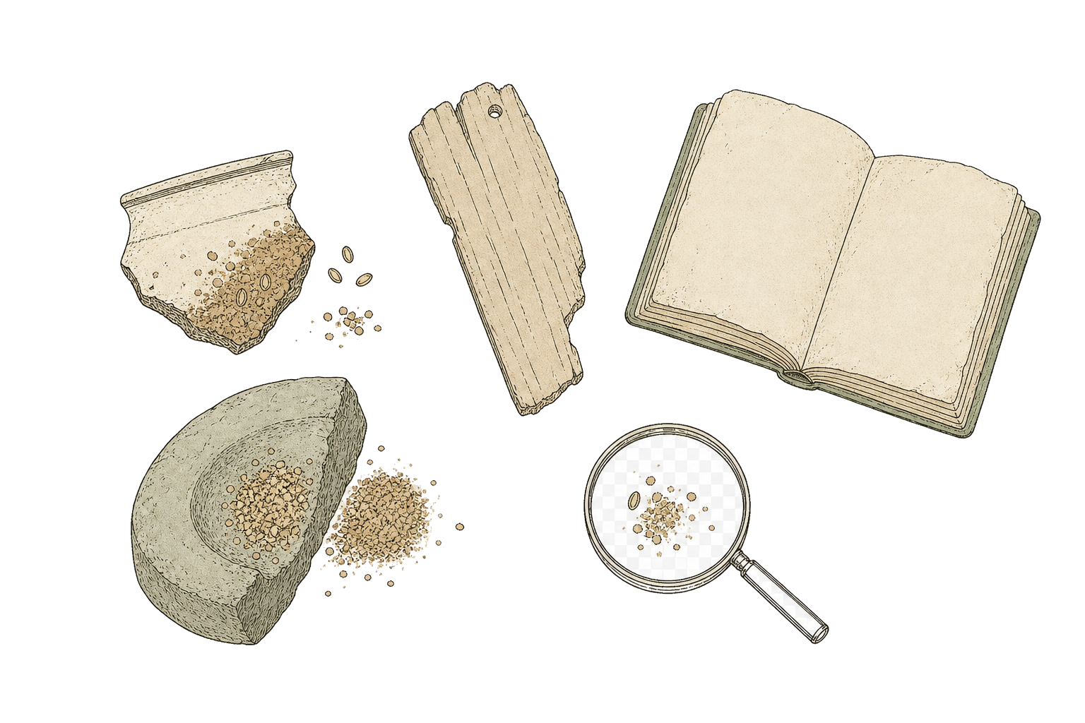 An illustration of a study desk laid out with potsherds, residues from a stone mortar, wooden tablets, an old ledger and a magnifying glass.