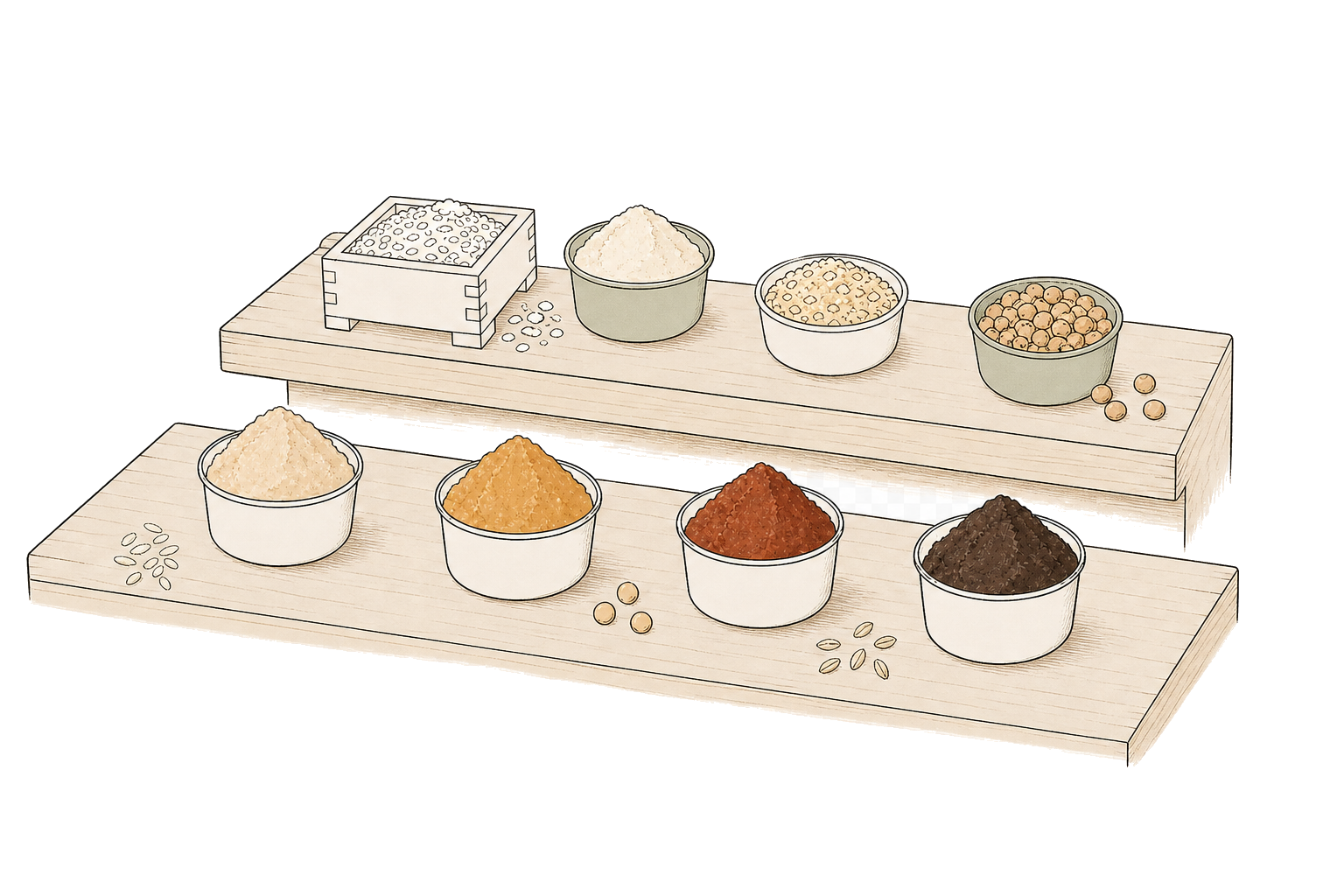 An illustration of two shelves holding koji made from rice, barley and beans, and misos ranging in color from white to deep red.