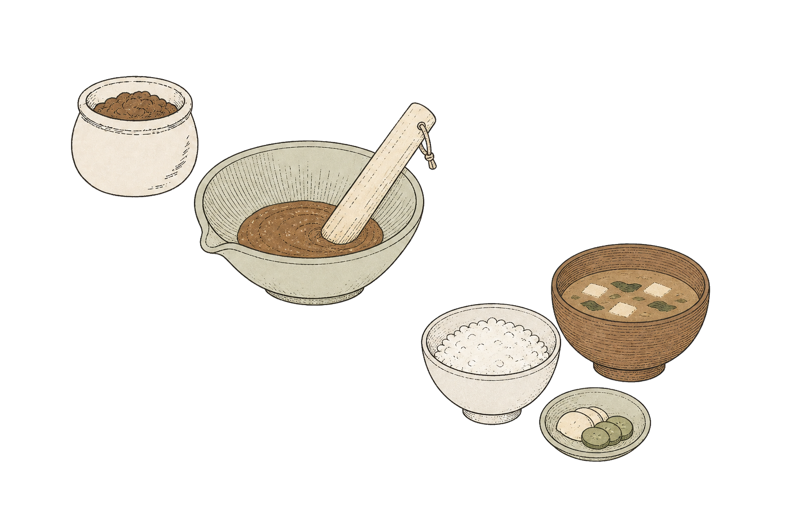 An illustration showing in sequence a jar of coarse miso, a grinding bowl for grinding it, and a table set with one soup and one dish.
